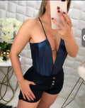 Body Satinado Azul Escote V Profundo