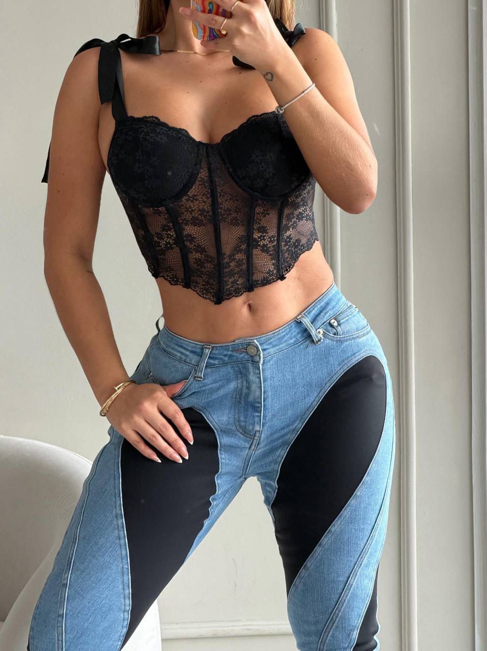 Top Corset Negro Encaje con Moños