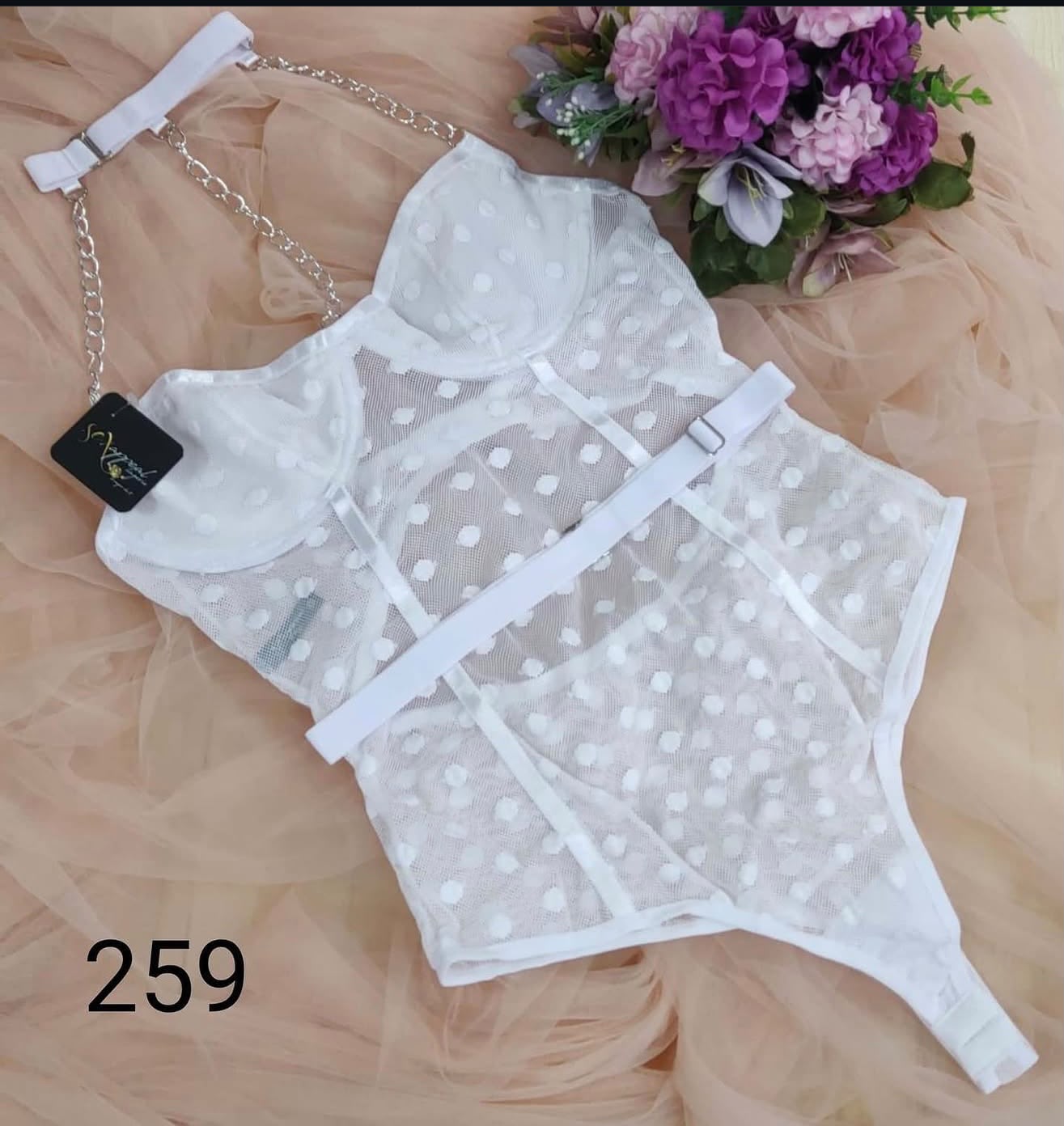 Body Blanco Tul Lunares con Cadena