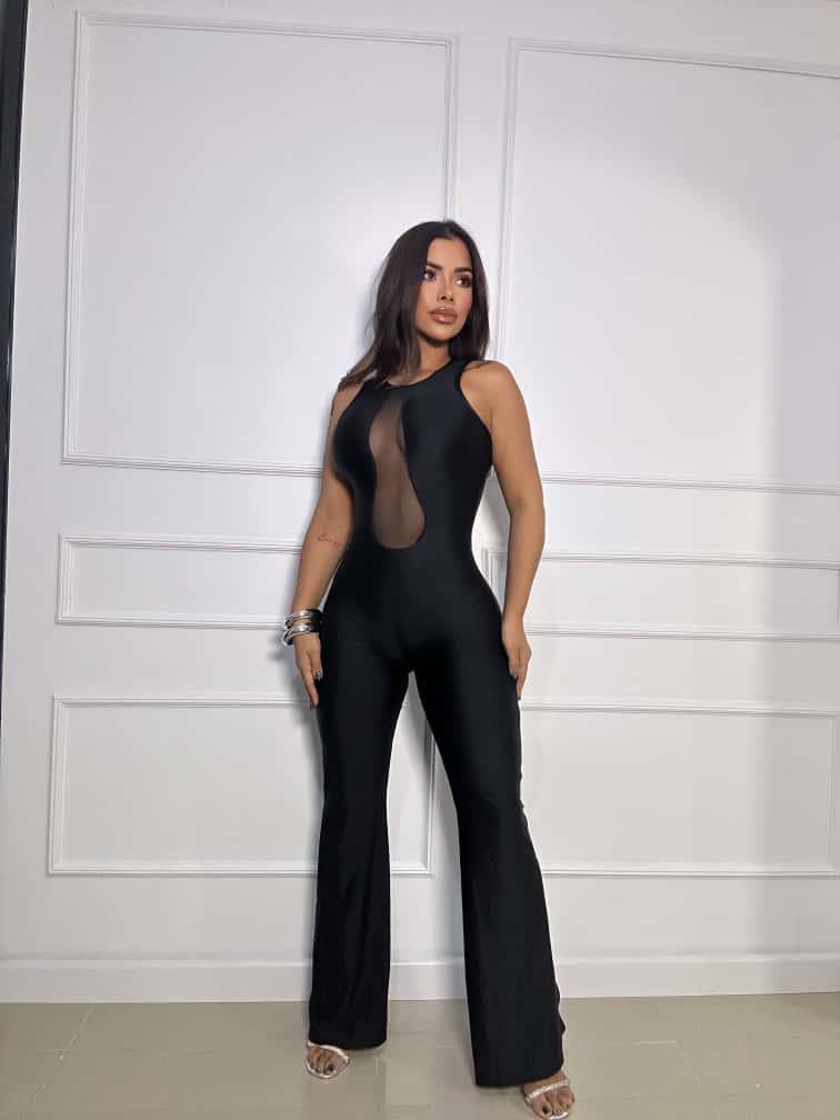 Enterizo Negro Cuello Alto con Mesh