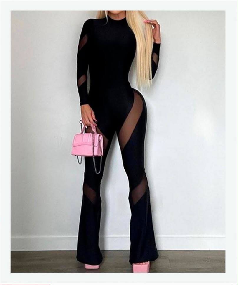 Enterizo Negro Mesh Diagonal Acampanado